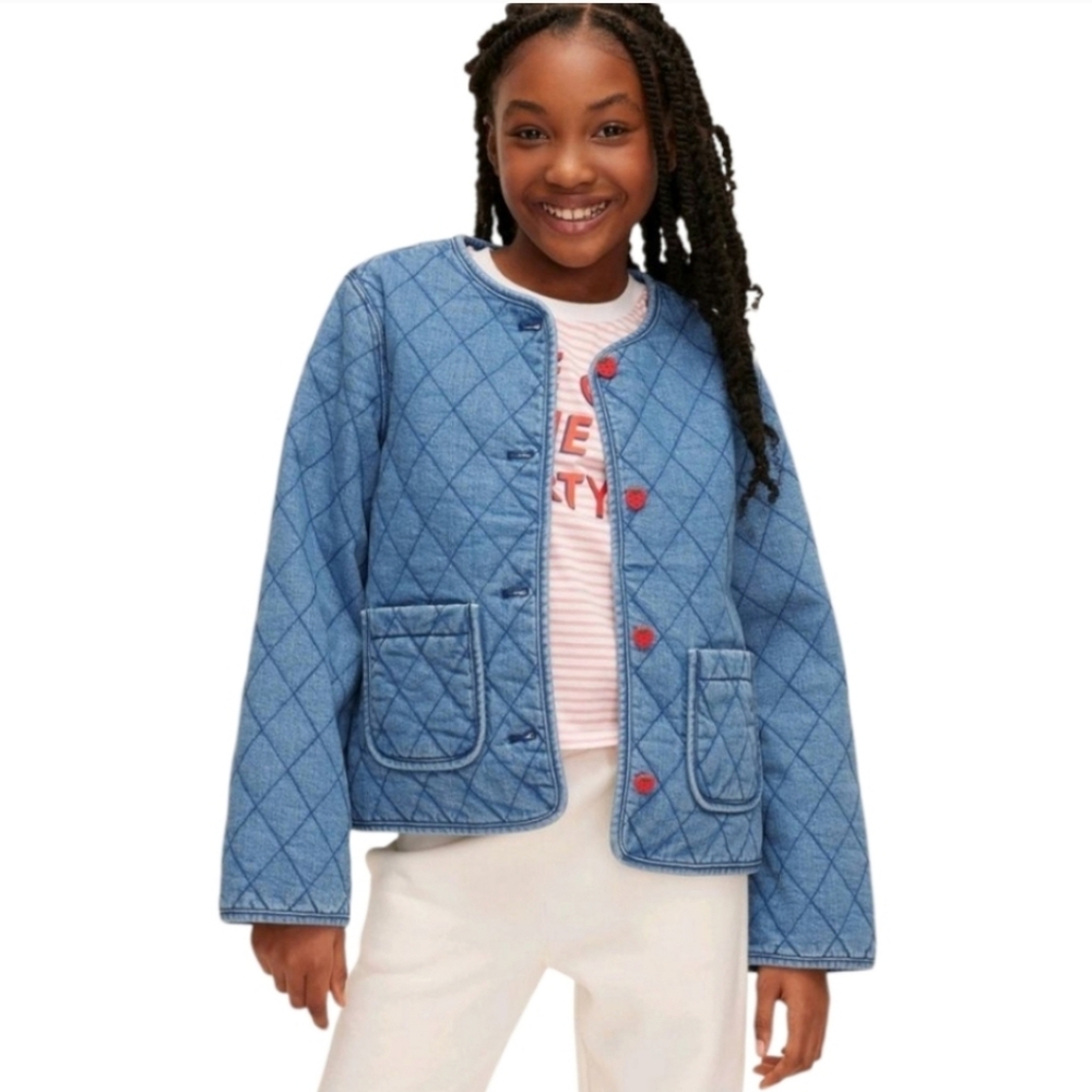 Kate Spade NY X Target Girls Quilted Denim Jacket Size L Strawberry Buttons NWT